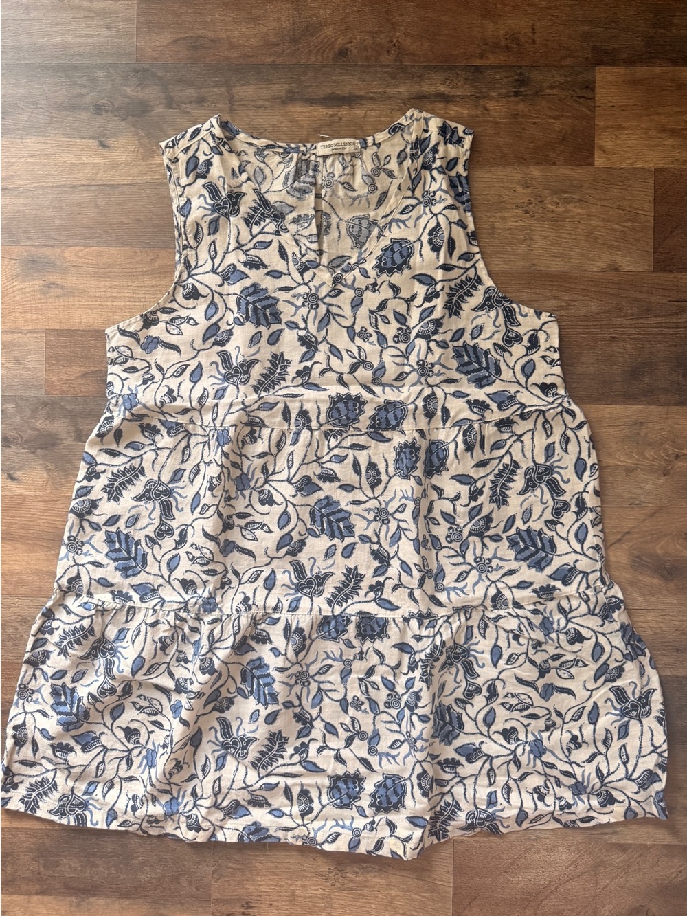 Women’s Sleeveless Floral Tiered Tank Top - Blue on Cream